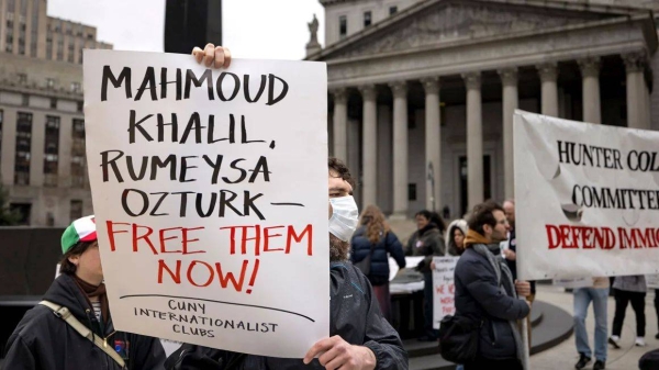 Students and faculty from the City University of New York (CUNY) hold a rally in in lower Manhattan Friday in support of international students who have had their visas revoked by the Trump administration