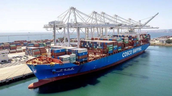A container ship at the Port of Long Beach in Long Beach, California, US