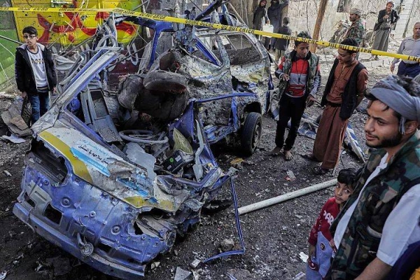 Yemenis at the Farwah market which Houthis say was struck by U.S. airstrikes in Sanaa, 21 April, 2025