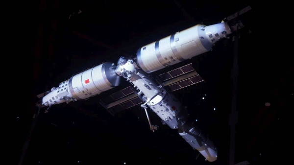 A model of China's Tiangong space station, at the Shanghai Astronomy Museum in Shanghai, China, in 2021