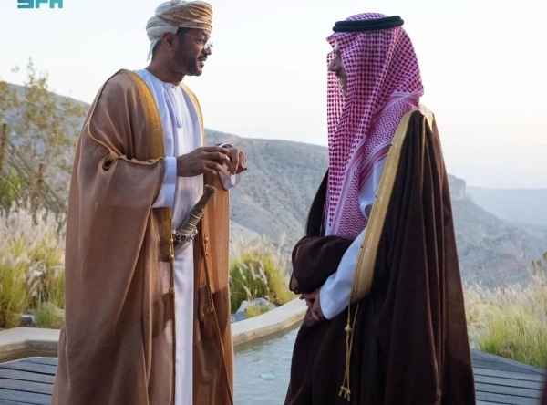 Omani Foreign Minister Badr bin Hamad bin Hamood Albusaidi receives Saudi Minister of Foreign Affairs Prince Faisal bin Farhan in Jebel Akhdar, Oman on Monday.