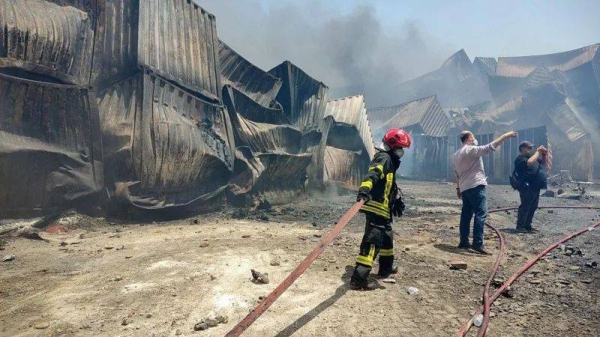Firefighters were still working to extinguish blazes at the port on Monday, two days after the blast