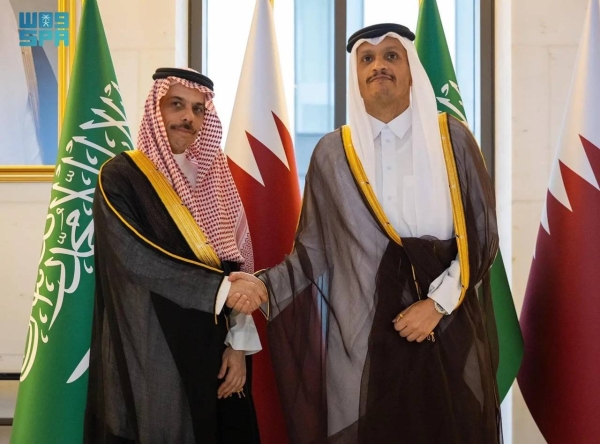 Qatar’s Prime Minister and Minister of Foreign Affairs Sheikh Mohammed bin Abdulrahman bin Jassim Al Thani receives Saudi Minister of Foreign Affairs Prince Faisal bin Farhan in Doha on Tuesday.
