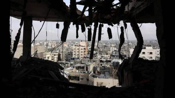 A picture shows a view from an apartment in a residential building that was hit in Israeli strikes in Gaza City's Yarmuk street on April 24