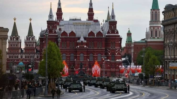 T-34 Soviet-era tanks are seen in a street near near the State Historical Museum on the day of a rehearsal for a military parade, which marks the 80th anniversary of the victory over Nazi Germany, in central Moscow on April 29