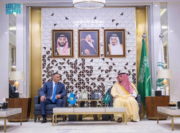 Minister of Interior Prince Abdulaziz bin Saud bin Naif holds talks with Chairman of the National Security Committee of Kazakhstan Yermek Sagimbayev in Riyadh on Sunday.