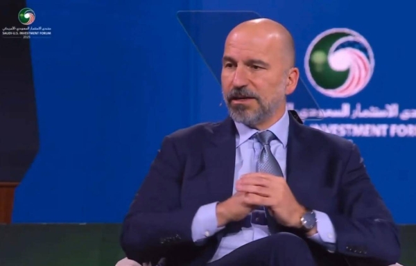 Uber CEO Dara Khosrowshahi takes part in a panel discussion at the Saudi-US Investment Forum in Riyadh on Tuesday.
