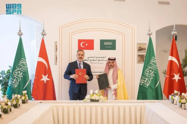 Saudi Minister of Foreign Affairs Prince Faisal bin Farhan with Turkish Minister of Foreign Affairs Hakan Fidan during the Saudi-Turkish Coordination Council meeting in Riyadh on Sunday.
