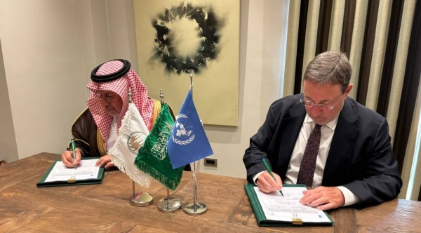 UNDP Administrator Achim Steiner and KSrelief General Supervisor Dr. Abdullah Al-Rabeeah sign the agreement on the sidelines of the European Humanitarian Forum 2025 in Brussels on Monday.