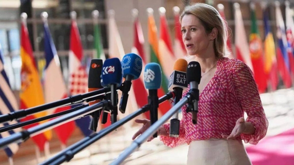 EU foreign policy chief Kaja Kallas speaks with the media as she arrives for a meeting of EU defence ministers at the European Council building in Brussels, 20 May 2025