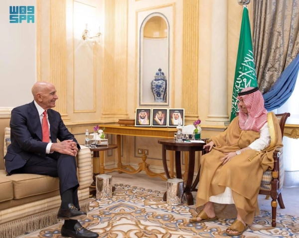 Saudi Minister of Foreign Affairs Prince Faisal bin Farhan holds talks with US Special Envoy for Syria Thomas Barrack in Riyadh on Wednesday.
