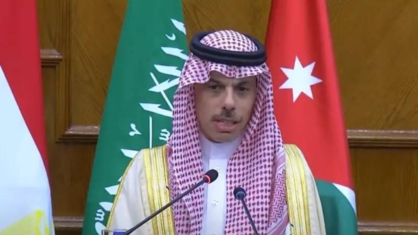 Saudi Foreign Minister Prince Faisal bin Farhan addressing a press conference in Amman on Sunday.