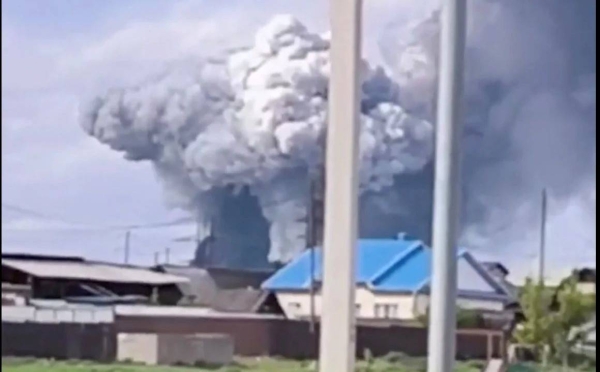 Smoke rises above the area following a Ukrainian drone attack in the Usolsky district of the Irkutsk region of Russia, in this still image from a video published June 1, 2025