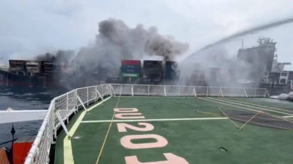 The Singapore-flagged ship caught fire on Monday