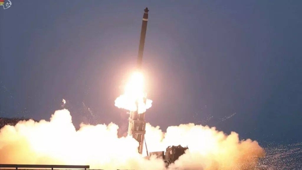 This image from video broadcasted by North Korea's KRT shows what it says is a ballistic missile being launched from an undisclosed location in North Korea, Feb. 20, 2023