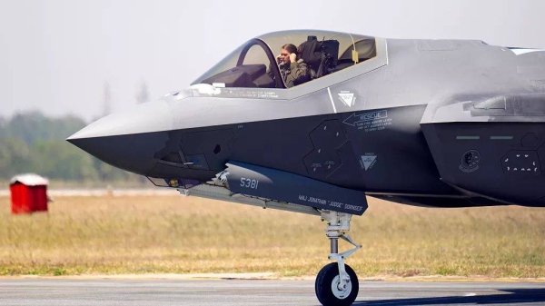 A pilot prepares to take off on a US Air Force fighter aircraft F-35, 14 February 2023