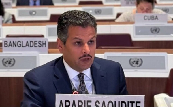 Saudi Arabia's Permanent Representative to the United Nations and international organizations in Geneva Ambassador Abdulmohsen bin Khothaila addressing the UN Economic and Social Council in Geneva.
