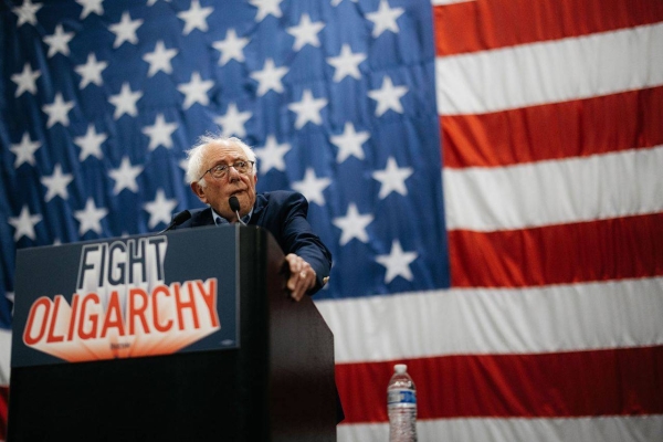 Sen. Bernie Sanders criticizes former President Donald Trump’s policies and corporate influence during a speech, as part of his “Fighting Oligarchy” tour in Tulsa on June 21, 2025