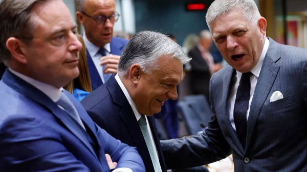 Belgium's Prime Minister Bart De Wever, Germany's Chancellor Friedrich Merz, Hungary's Prime Minister Viktor Orban and Slovakia's Prime Minister Robert Fico