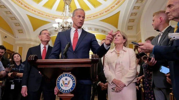 Senate Majority Leader John Thune speaks to reporters at the US Capitol