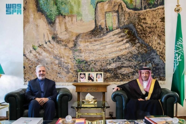 Saudi Deputy Minister of Foreign Affairs Eng. Waleed El-Khereiji meets with Iranian Ambassador to the Kingdom Alireza Enayati in Riyadh on Tuesday.