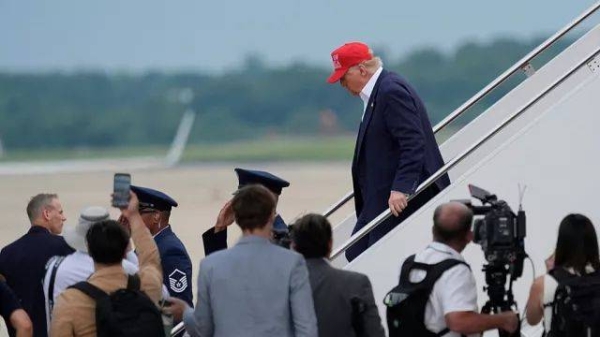 President Donald Trump arrives on Air Force One at Joint Base Andrews, Tuesday, July 1, 2025, after visiting a migrant detention center in Ochopee, Florida
