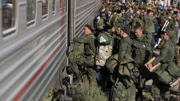 Russian recruits take a train at a railway station in Prudboi, Volgograd region of Russia, Sept. 29, 2022