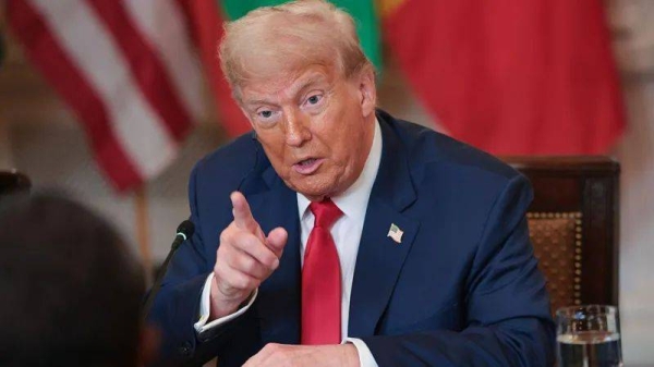 US President Donald Trump answers questions during a multilateral lunch with African leaders in the State Dining Room of the White House 9 July, 2025 in Washington, DC