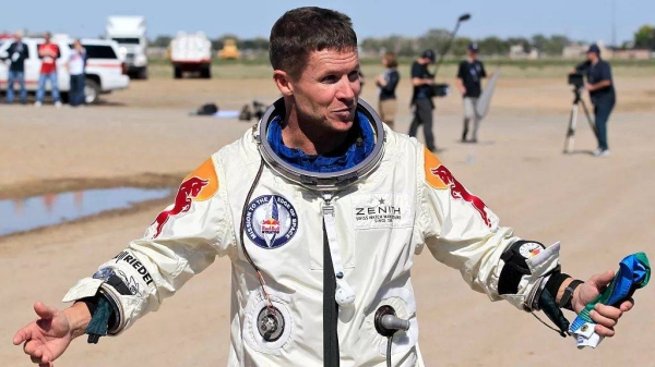 Felix Baumgartner from Austria after successfully jumping out of a space capsule