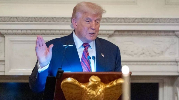 US President Donald Trump speaks during a dinner for Republican senators in the State Dining Room of the White House, 18 July, 2025