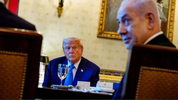 Israeli Prime Minister Benjamin Netanyahu, right, speaks during a dinner at the White House with US President Donald Trump earlier this month.