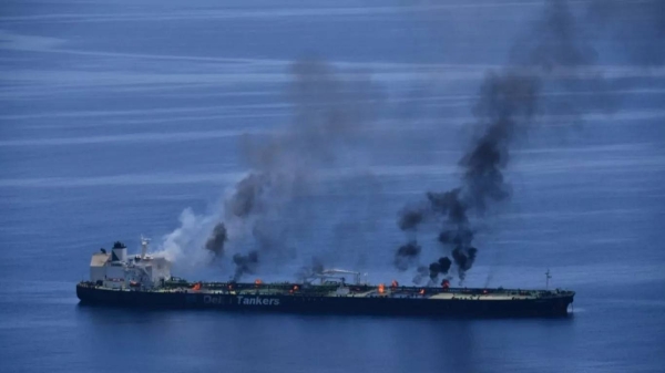 This photo released by the European Union's Operation Aspides shows fires burning aboard the oil tanker Sounion in the Red Sea on Sunday, Aug. 25, 2024.
