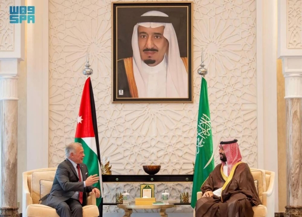 Saudi Crown Prince and Prime Minister Mohammed bin Salman holds talks with King Abdullah II of Jordan at NEOM Palace on Monday.