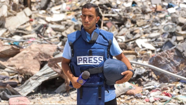 Al-Jazeera correspondent Anas al-Sharif is seen reporting near the Arab Ahli (Baptist) Hospital in Gaza City on October 10, 2024.