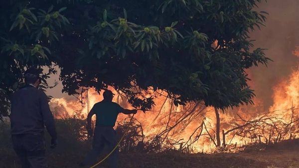 Residents battle a wildfire advancing toward Rebordondo village in north-western Spain, 18 August, 2025