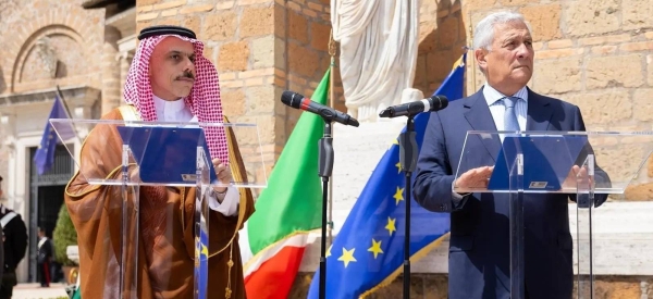 Saudi Minister of Foreign Affairs Prince Faisal bin Farhan and Italian Deputy Prime Minister and Minister of Foreign Affairs Antonio Tajani attend a joint press conference in Rome on Thursday.