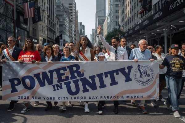 New York City mayoral candidate Zohran Mamdani, Sen. Bernie Sanders and other politicians march in the annual Labor Day parade in New York on September 6