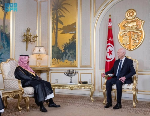 Tunisian President Kais Saied holds talks with Saudi Minister of Foreign Affairs Prince Faisal bin Farhan at Carthage Palace in Tunis on Tuesday.