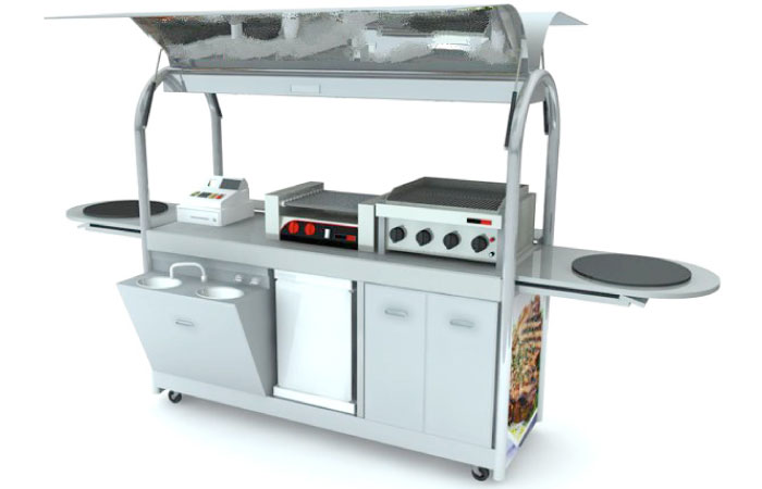 The food cart should be 1.5 meter long. It should to be made of steel and colored in white with blue edges. Each cart should prominently display its license number and the municipality hotline number 940.