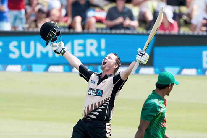 Colin Munro of the Black Caps celebrates his century during their T20 international against Bangladesh in Mount Maunganui, New Zealand, Friday.