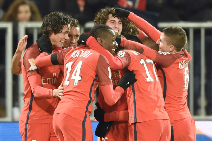 PSG players celebrate after scoring a goal during their French League Cup match against Bordeaux at the Matmut Atlantique Stadium in Bordeaux, southwestern France, Tuesday. - AFP