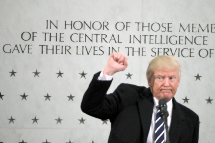 US President Donald Trump reacts after delivering remarks during a visit to the Central Intelligence Agency (CIA) in Langley, Virginia, on Saturday. — Reuters