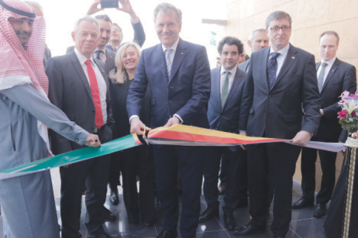 Former Germany president Christian Wulff inaugurates the new premises of DYWIDAG in Jubail on Sunday. He is flanked by Alexander Wagner (on his right), Commercial Director and on left by Bernhard Schmitt, Technical Director.
