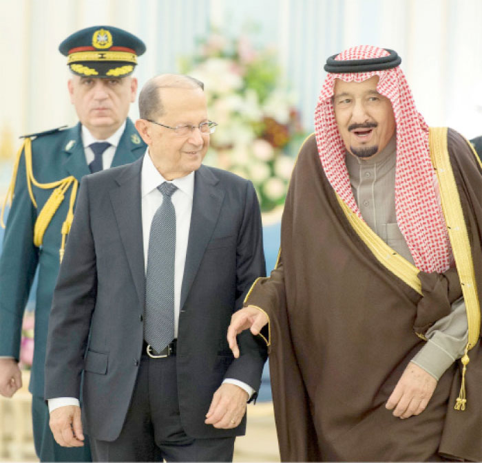 Custodian of the Two Holy Mosques King Salman receives Lebanese President Michel Aoun at Al-Yamama Palace in Riyadh on Tuesday. — SPA