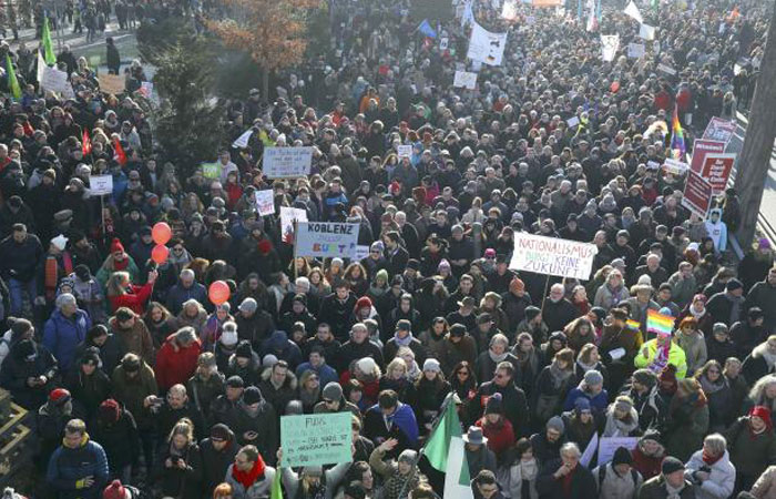 Protesters gather during a demonstration near the building where European far-right leaders meet in Koblenz, Germany, January 21, 2017. — Reuters