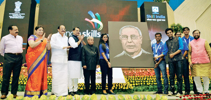 President Pranab Mukherjee with Union Ministers M. Venkaiah Naidu, Smriti Irani, Prakash Javadekar, Jitendra Singh and Rajiv Pratap Rudy at the inauguration of the first edition of “India Skills”.