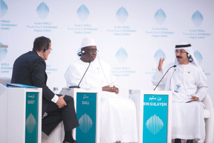 President of Senegal Macky Sall (middle) and Sultan Bin Sulayem (right), Group Chairman and CEO, DP World during a plenary session entitled ‘The Value of Trade, Growing Economies, Improving Lives’ on Day One of WGS 2017 Sunday