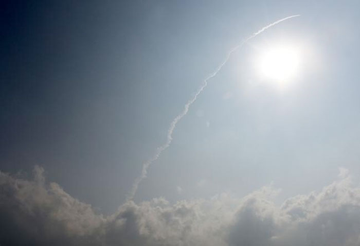 The Indian Space Research Organisation (ISRO) Polar Satellite Launch Vehicle (PSLV-C37) is seen after launch at Sriharikota on Febuary 15, 2017. — AFP