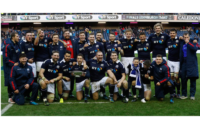 Scotland players celebrate after beating Ireland in the Six Nations Championship at the BT Murrayfield Stadium, Edinburgh, Saturday. — Reuters