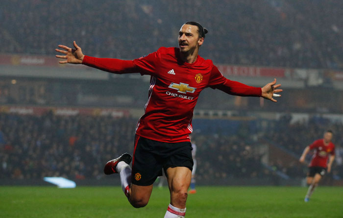 Manchester United's Zlatan Ibrahimovic celebrates scoring their second goal against Blackburn Rovers during their FA Cup fifth round match at Ewood Park Sunday. — Reuters